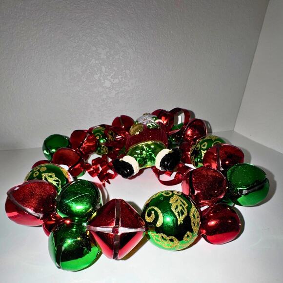 Jingle Bell Christmas Wreath with Snowman Ornament – Red & Green Metal Bells - Picture 9 of 10
